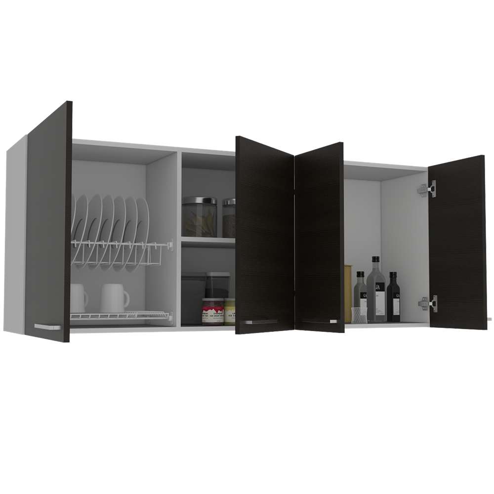 Mueble Superior de Cocina Blanco y Wengue 150x60cm con Un Entrepaño y con Cuatro Puertas