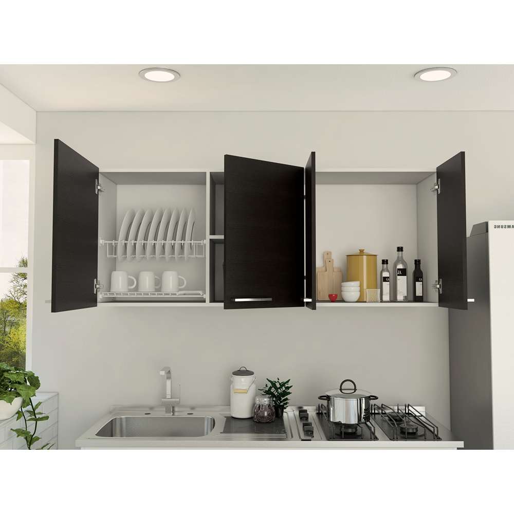 Mueble Superior de Cocina Blanco y Wengue 150x60cm con Un Entrepaño y con Cuatro Puertas