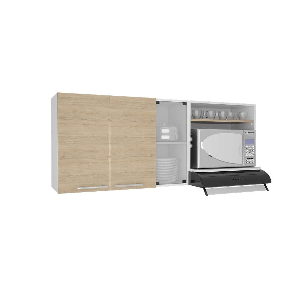 Mueble Superior de Cocina Gina Blanco y Rovere 150x60.2cm con Dos Puertas con Locero y con Espacio para Microondas - Cocinas | Bylmo