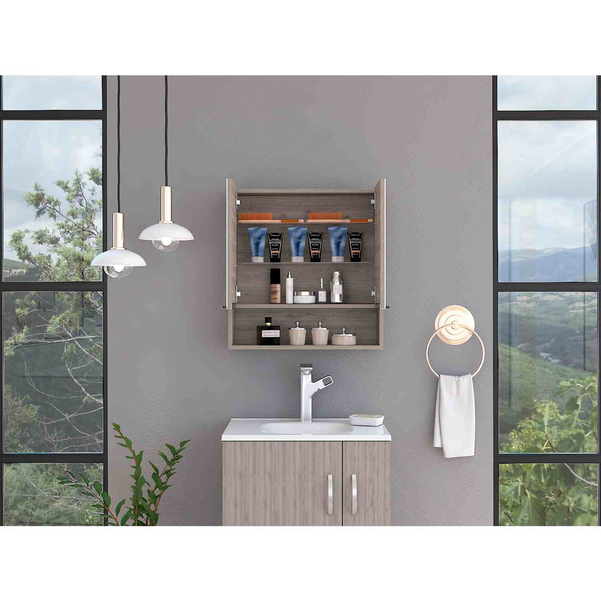 Gabinete de Baño Jaspe Ceniza 60x63cm Cuadrado con Espejo y con Tres Entrepaños - Gabinetes de Baño | Bylmo