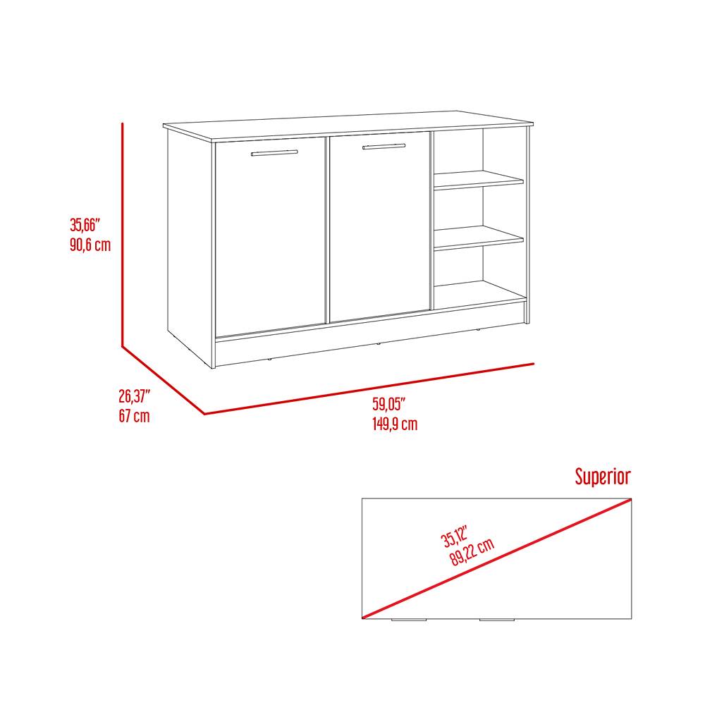 Isla de Cocina Ginger Blanco y Bellota 150x90.6cm con Cuatro Entrepaños y con Siete Comportamientos - Cocinas | Bylmo
