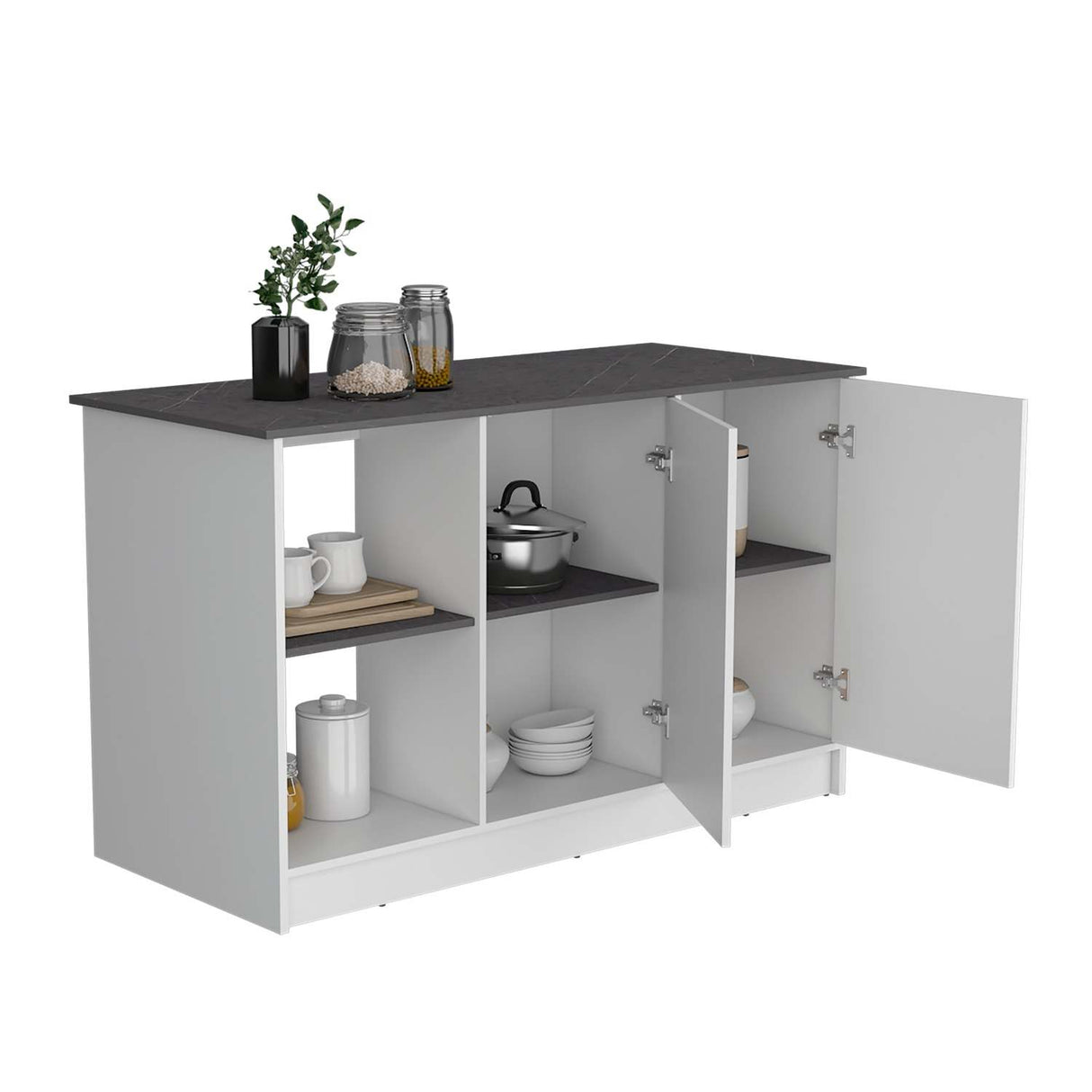 Isla de Cocina Juniper Onix 150x90cm con Tres Entrepaños y Seis Compartimientos - Barras y Muebles Auxiliares | Bylmo