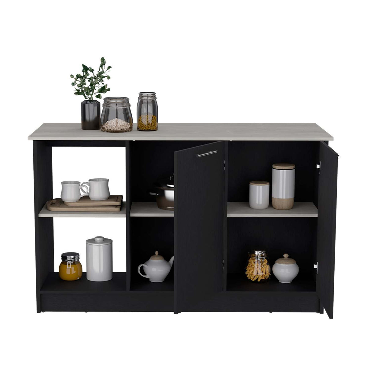 Isla de Cocina Juniper Wengue y Ibiza 150x90cm con Tres Entrepaños y Seis Compartimientos - Barras y Muebles Auxiliares | Bylmo