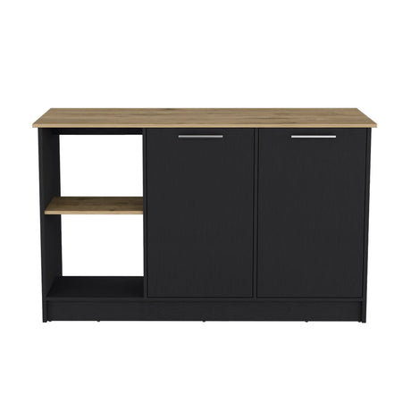 Isla de Cocina Juniper Wengue y Macadamia 150x90cm con Tres Entrepaños y Seis Compartimientos - Barras y Muebles Auxiliares | Bylmo