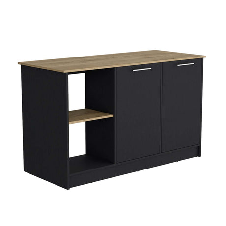 Isla de Cocina Juniper Wengue y Macadamia 150x90cm con Tres Entrepaños y Seis Compartimientos - Barras y Muebles Auxiliares | Bylmo