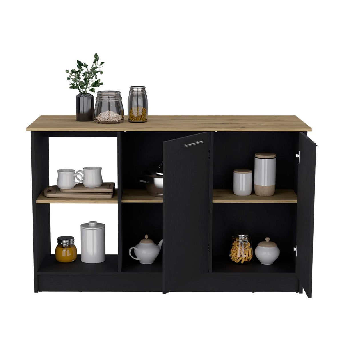 Isla de Cocina Juniper Wengue y Macadamia 150x90cm con Tres Entrepaños y Seis Compartimientos - Barras y Muebles Auxiliares | Bylmo