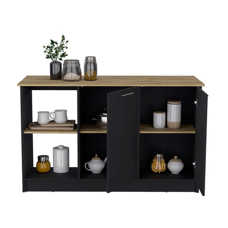 Isla de Cocina Juniper Wengue y Macadamia 150x90cm con Tres Entrepaños y Seis Compartimientos - Barras y Muebles Auxiliares | Bylmo