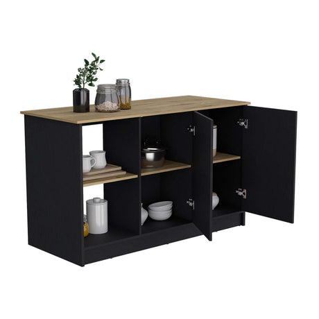 Isla de Cocina Juniper Wengue y Macadamia 150x90cm con Tres Entrepaños y Seis Compartimientos - Barras y Muebles Auxiliares | Bylmo