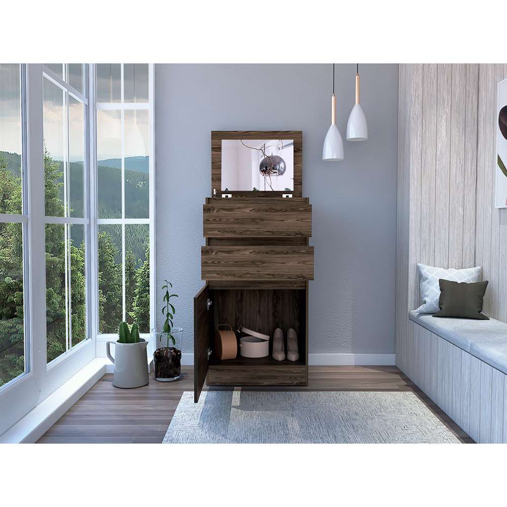 Cómoda Kamelot Coñac 59 cm con Espejo, Dos Cajones y Dos Puertas - Cajoneras | Bylmo