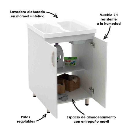 Lavadero Aqua Blanco 60 cm con Almacenamiento y Puertas - Muebles de Aseo y Ropas | Bylmo