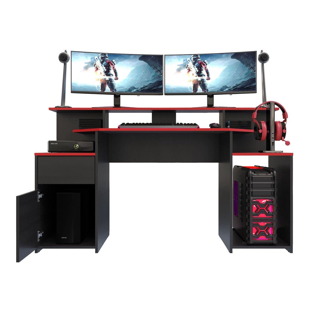 Escritorio Gamer Max Wengue y Rojo 150 cm con Cajón, Puerta y Entrepaños - Escritorios y Archivadores | Bylmo