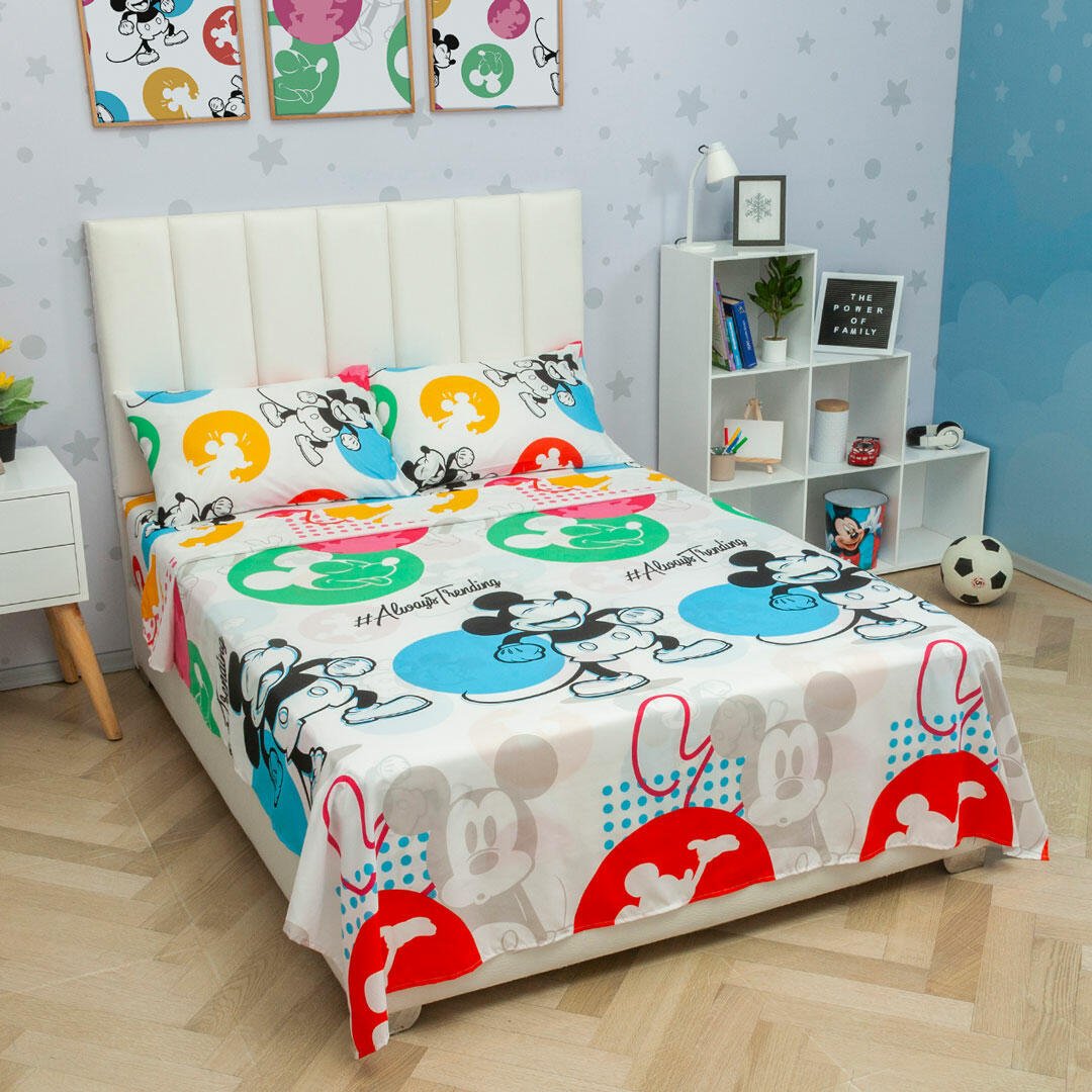 Juego de Sabanas Infantil Microfibra Doble 140 cm Blanco de Mickey de Colores - Ropa de Cama | Bylmo