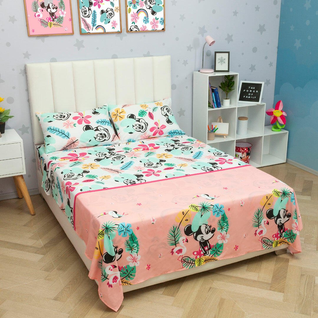 Juego de Sabanas Infantil Microfibra Doble 140 cm Blanco y Rosado de Minnie - Ropa de Cama | Bylmo