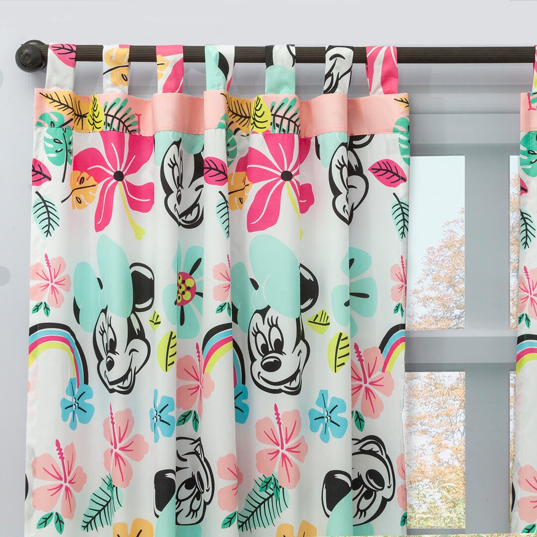 Combo Juego de Sabanas y Cortina Infantil Microfibra Doble 140 cm Blanco y Rosado de Minnie - Ropa de Cama | Bylmo