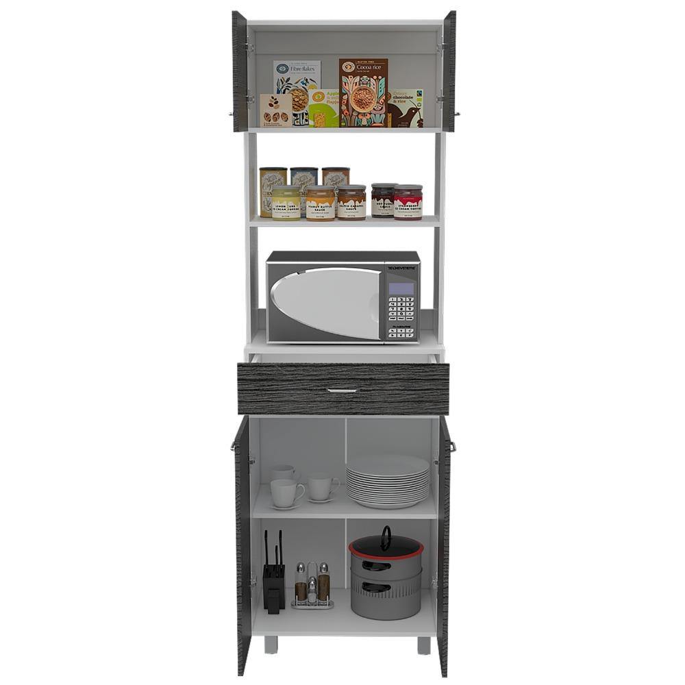 Mueble Microondas Caribe Roble Gris y Blanco 62 cm con Cuatro Puertas, Un Cajón y Entrepaño - Muebles Organizadores | Bylmo