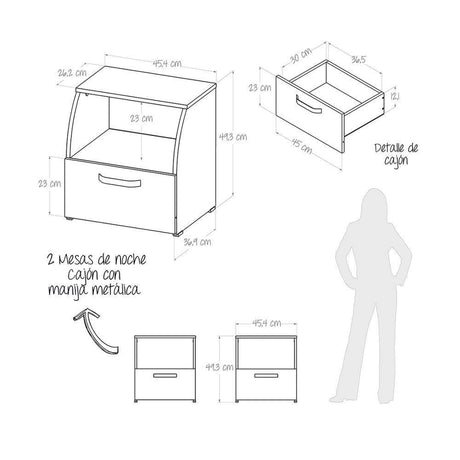 Mesa de Noche x 2 Campiña Wengue 45.4x49.3cm con Un Cajón y con Un Compartimiento - Mesas de Noche | Bylmo