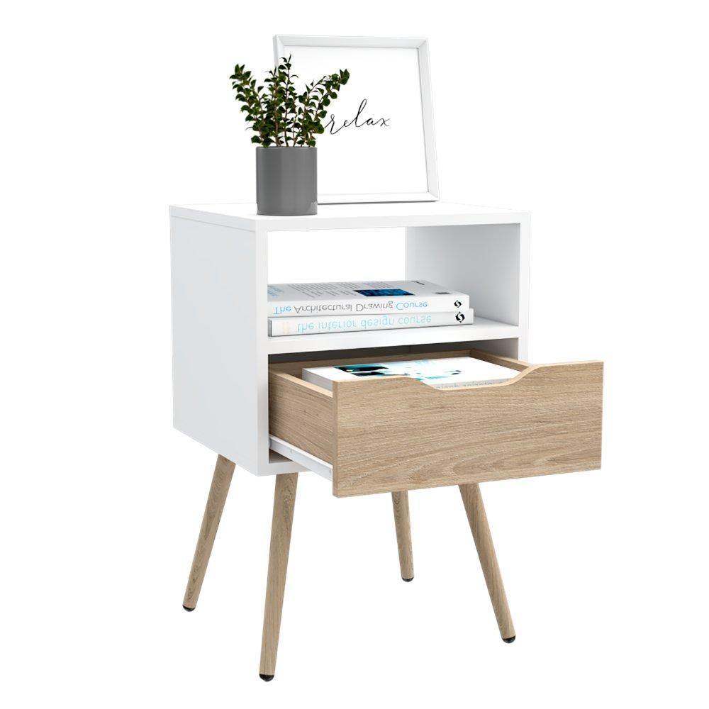 Mesa de Noche Oton Blanco y Rovere 40x53cm con Un Cajón - Mesas de Noche | Bylmo