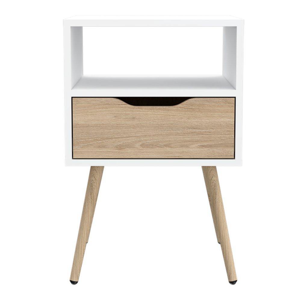 Mesa de Noche Oton Blanco y Rovere 40x53cm con Un Cajón - Mesas de Noche | Bylmo