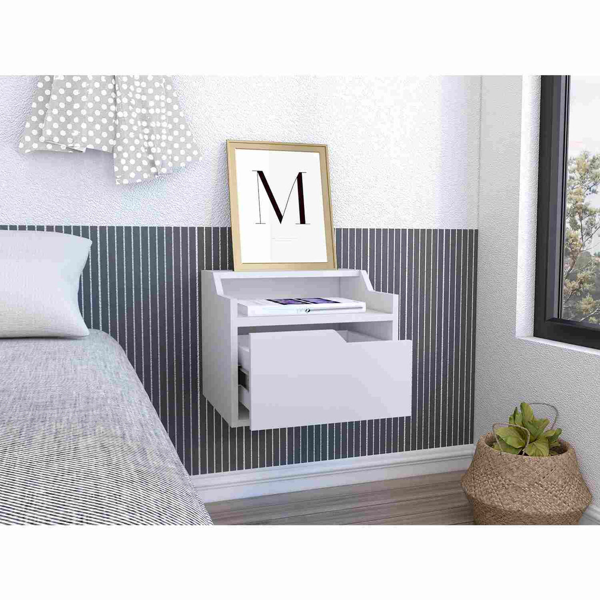 Mesa de Noche Flotante Busan Blanco 40x33cm con Un Cajón y con Un Compartimiento - Mesas de Noche | Bylmo