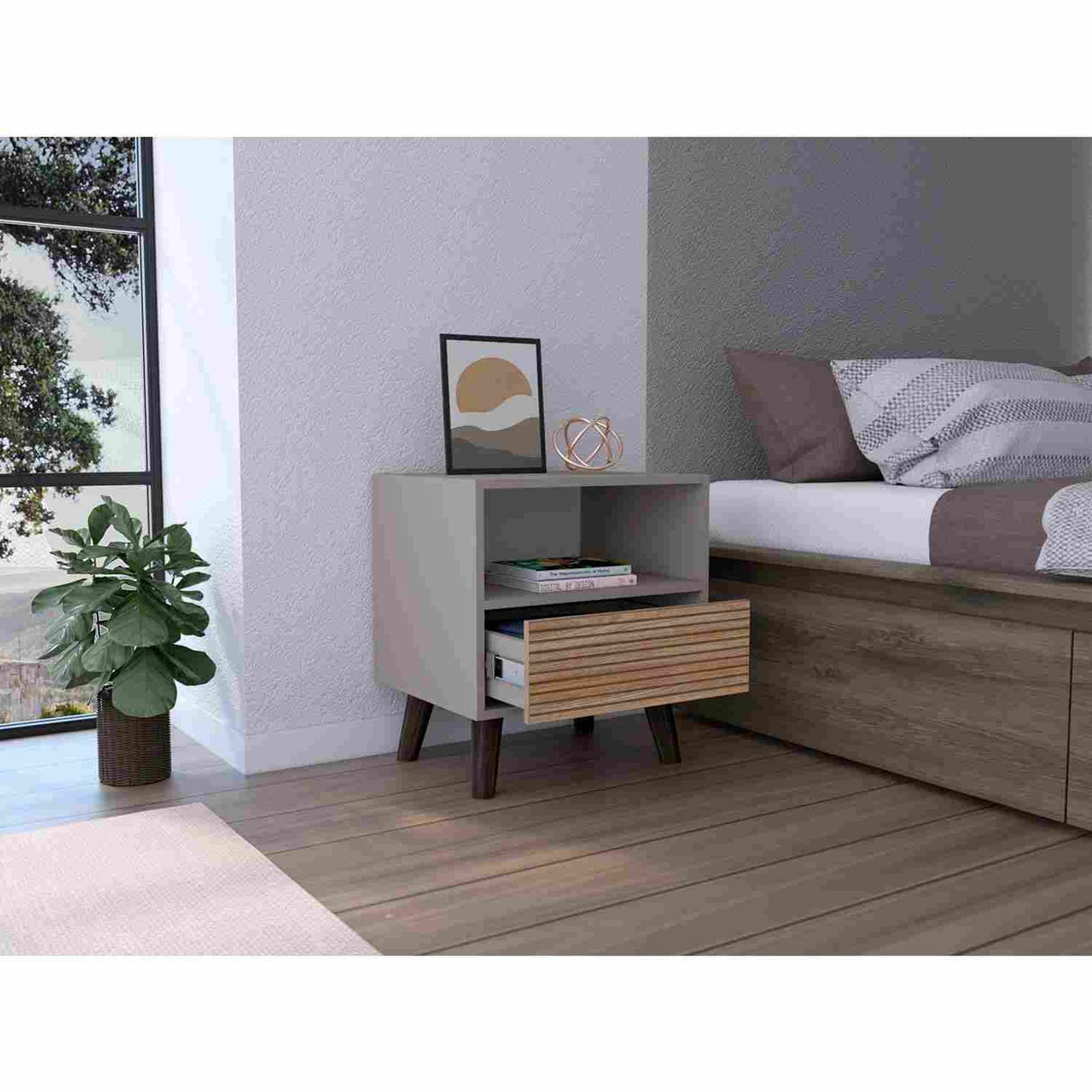 Mesa de Noche Funes Taupe 50 cm con un Cajón - Mesas de Noche | Bylmo