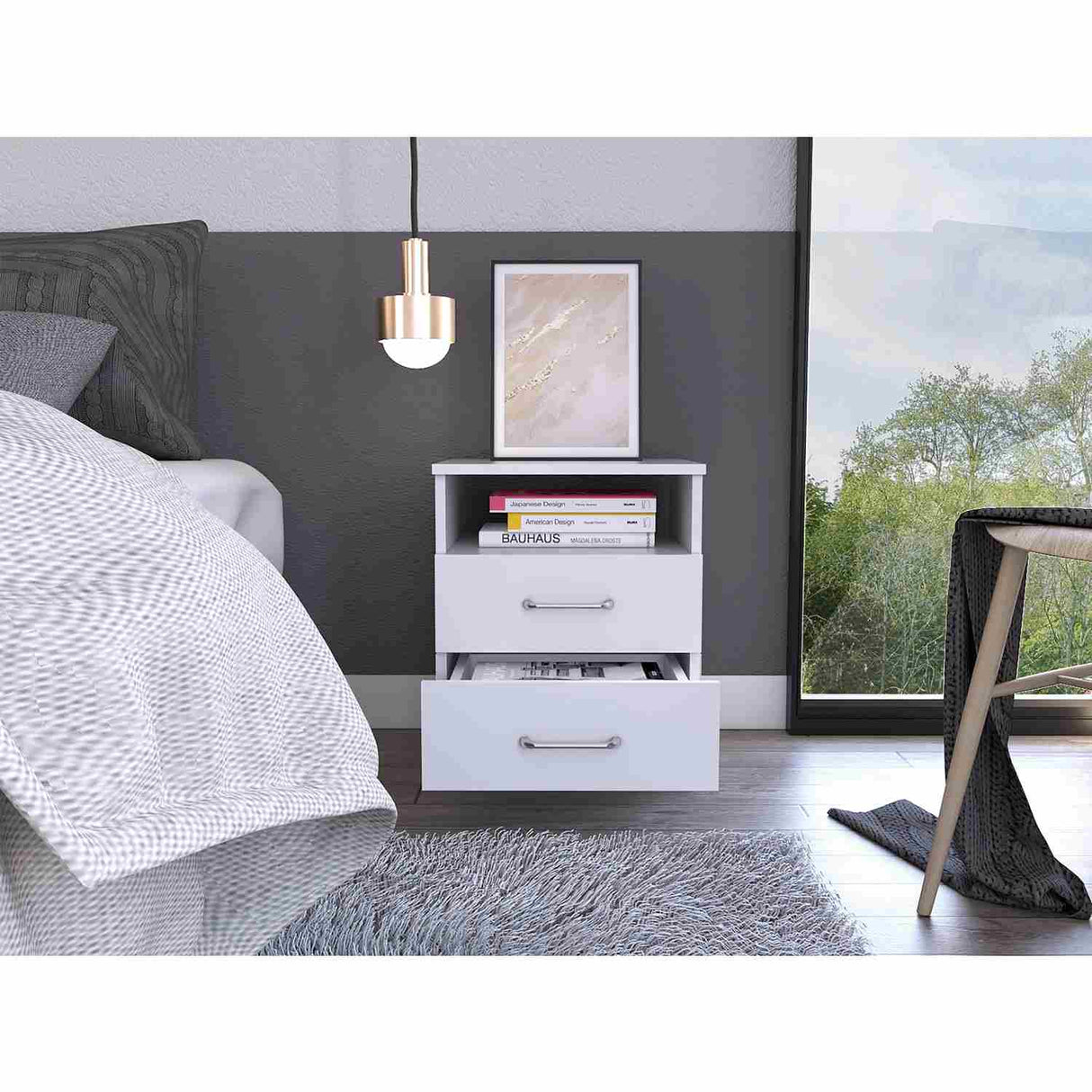 Mesa de Noche Napoles Blanco 41x51cm con Dos Cajones y con Un Compartimiento - Mesas de Noche | Bylmo