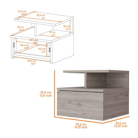 Mesa de Noche Flotante Z Plus Ceniza 36x30cm con Un Cajón y con Dos Compartimientos - Mesas de Noche | Bylmo