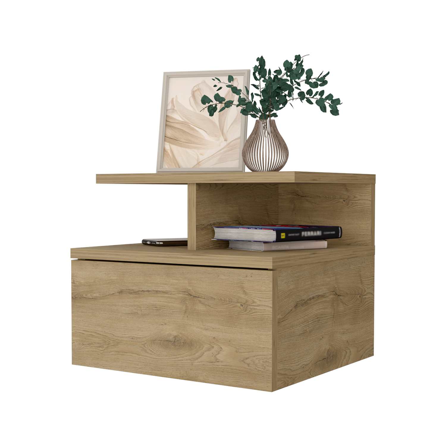 Mesa de Noche Flotante Z Plus Macadamia 36x30cm con Un Cajón y con Dos Compartimientos - Mesas de Noche | Bylmo