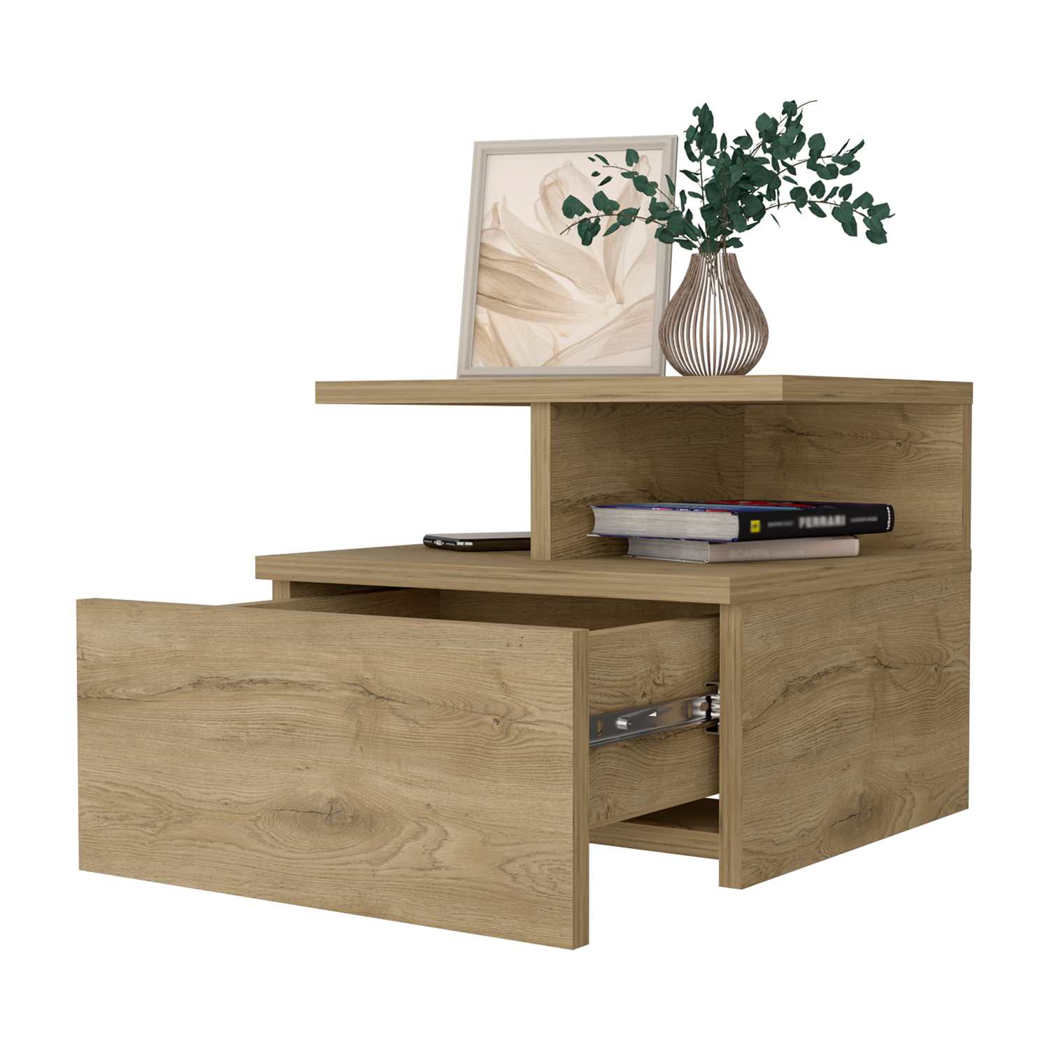 Mesa de Noche Flotante Z Plus Macadamia 36x30cm con Un Cajón y con Dos Compartimientos - Mesas de Noche | Bylmo