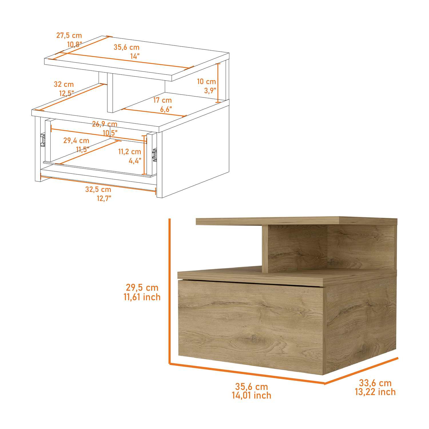 Mesa de Noche Flotante Z Plus Macadamia 36x30cm con Un Cajón y con Dos Compartimientos - Mesas de Noche | Bylmo
