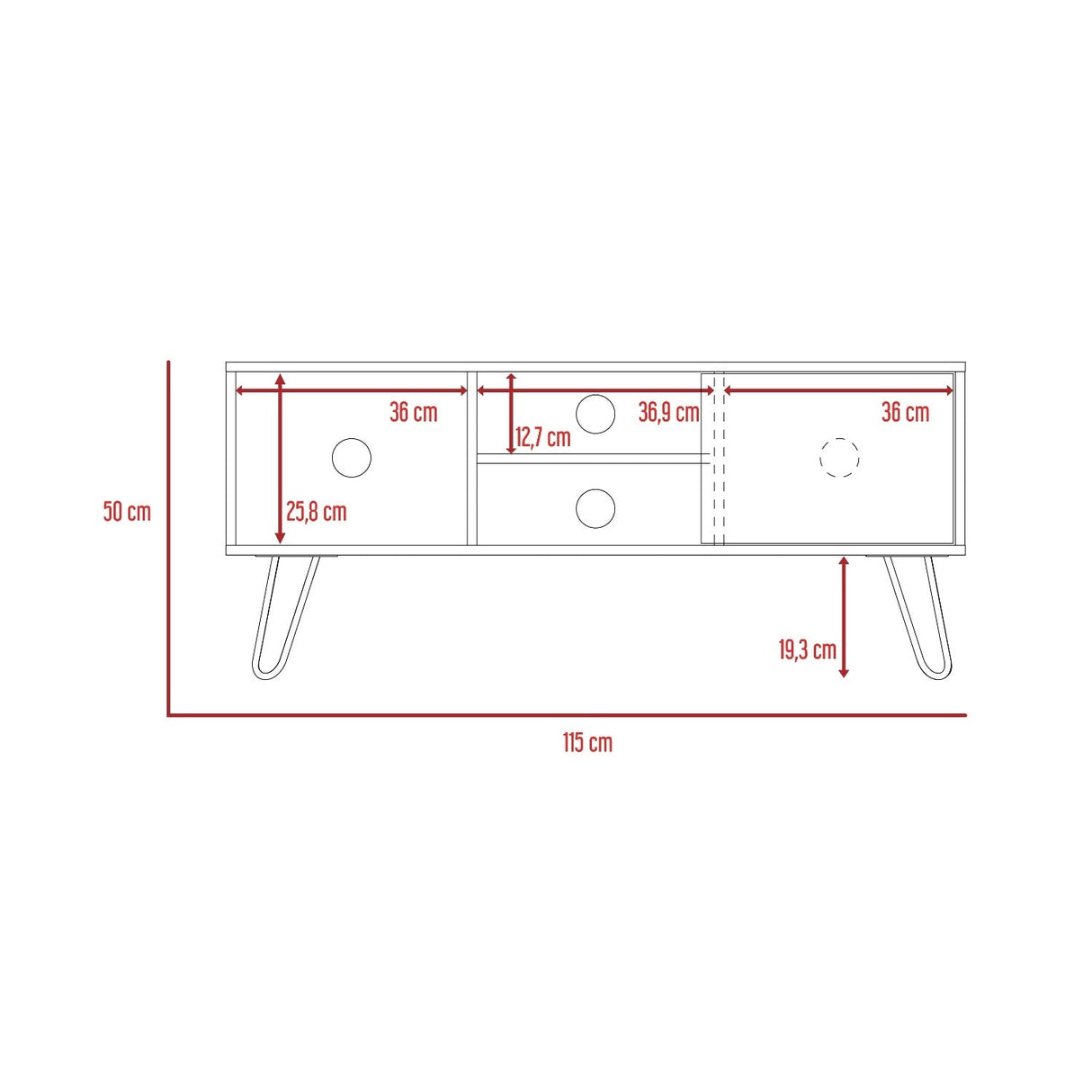 Mesa para TV Andorra Bellota 115x50cm Para TV Hasta 50 Pulgadas con Un Cajón con Ranuras para Cables y con Patas - Muebles de TV | Bylmo
