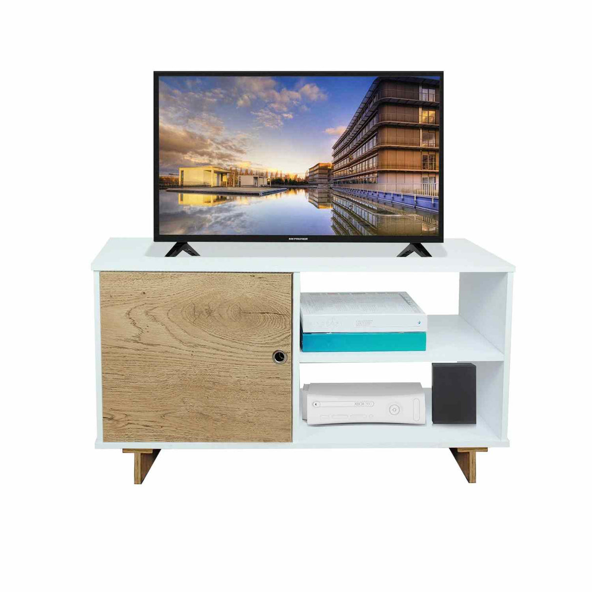 Mesa para TV Flow Duna y Blanco 110 cm con Cajon y Entrepaño para TV Hasta 50 Pulgadas - Muebles de TV | Bylmo