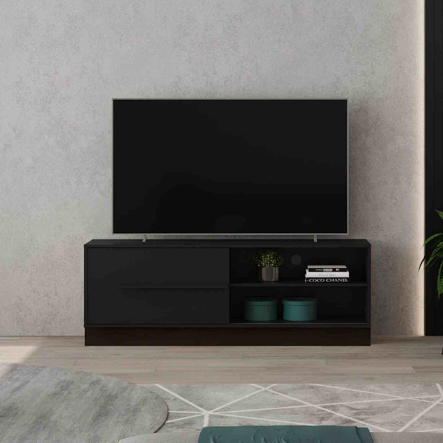 Mesa para TV Hawai Negro 155x55cm Para TV Hasta 60 Pulgadas sin Cajones y con Ranuras para Cables - Muebles de TV | Bylmo