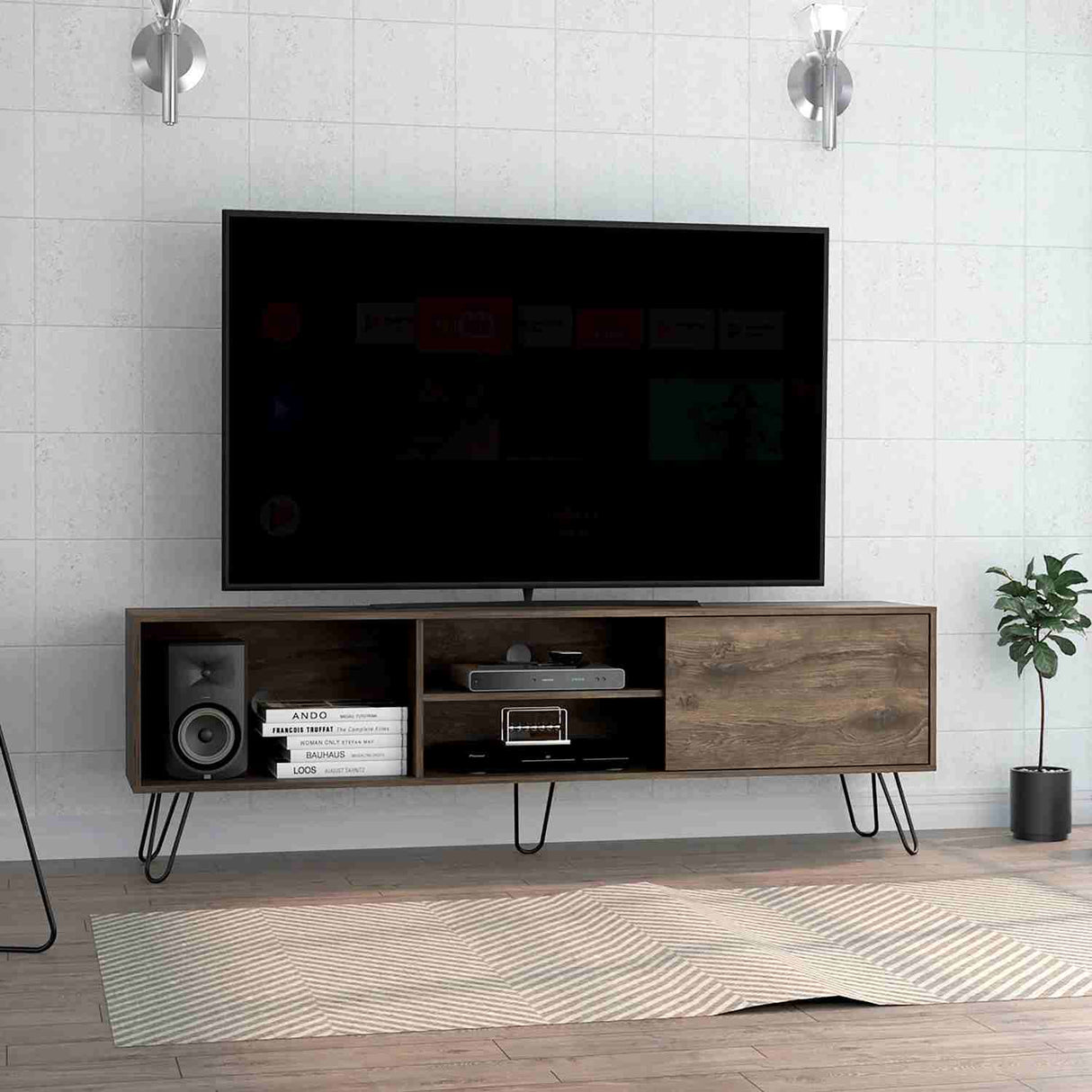 Mesa para TV Z Bellota 180x58cm Para TV Hasta 75 Pulgadas con Un Cajón y con Ranuras para Cables y con Patas - Muebles de TV | Bylmo