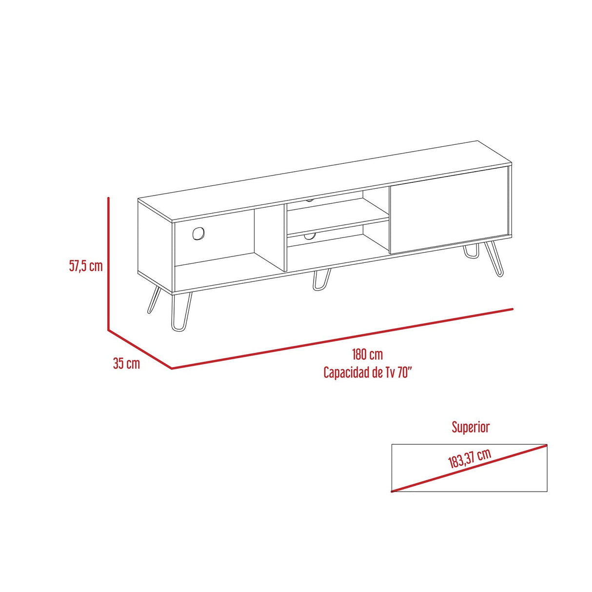 Mesa para TV Z Bellota 180x58cm Para TV Hasta 75 Pulgadas con Un Cajón y con Ranuras para Cables y con Patas - Muebles de TV | Bylmo