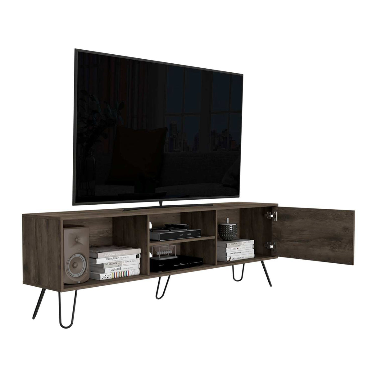 Mesa para TV Z Bellota 180x58cm Para TV Hasta 75 Pulgadas con Un Cajón y con Ranuras para Cables y con Patas - Muebles de TV | Bylmo