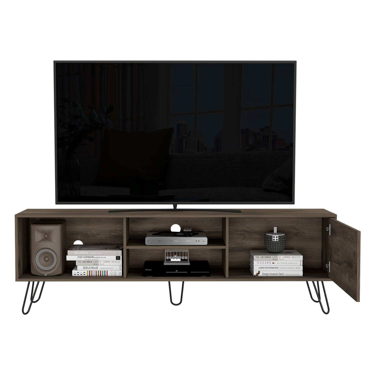 Mesa para TV Z Bellota 180x58cm Para TV Hasta 75 Pulgadas con Un Cajón y con Ranuras para Cables y con Patas - Muebles de TV | Bylmo