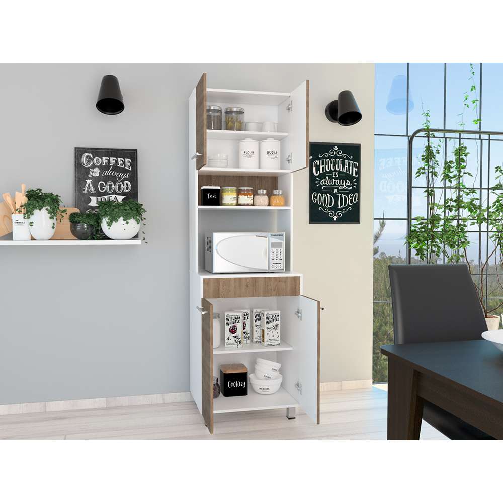 Mueble Microondas Bari Miel y Blanco 60 cm con Cuatro Puertas y Entrepaño - Muebles Organizadores | Bylmo