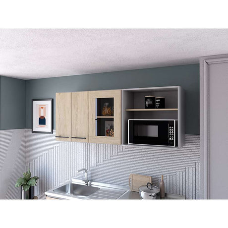 Mueble Superior de Cocina Hasselt Plus Rovere y Gris 150x60cm con Tres Puertas con Locero y con Espacio para Microondas - Cocinas | Bylmo