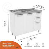 Mueble Inferior Blanco 105x85.3cm con Mesón de Acero Al Carbon y con Pozuelo Lado Izquierdo - Cocinas | Bylmo