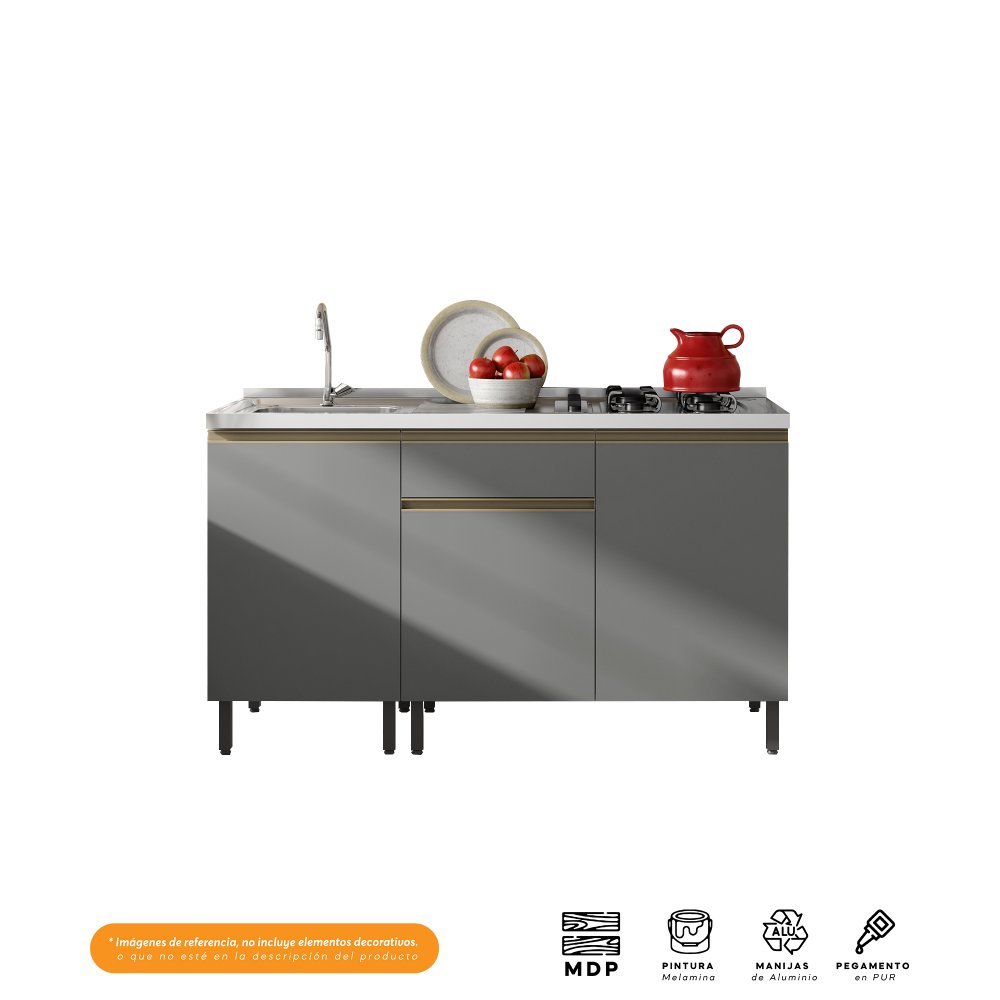 Mueble Inferior Santiago Grafito 150 cm Izquierda con Mesón - Cocinas | Bylmo