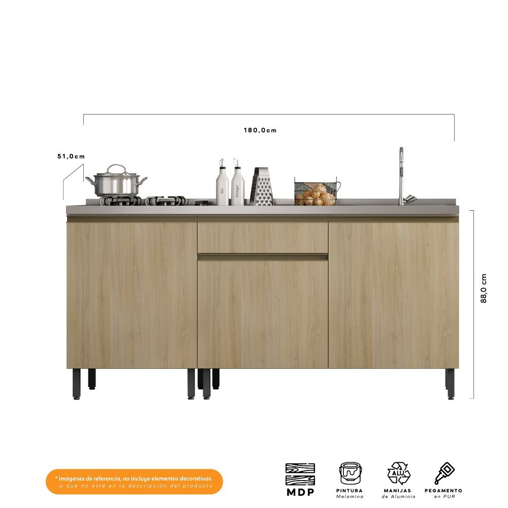 Mueble Inferior Santiago Macadamia 180 cm Derecha con Mesón - Cocinas | Bylmo