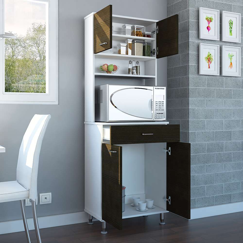 Mueble Microondas Kitchen Blanco 60x169cm con Cuatro Entrepaños y Cinco Compartimientos - Muebles Organizadores | Bylmo