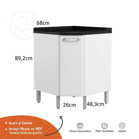 Mueble Inferior Blanco 68x89cm con Mesón de Madera y sin Pozuelo - Cocinas | Bylmo