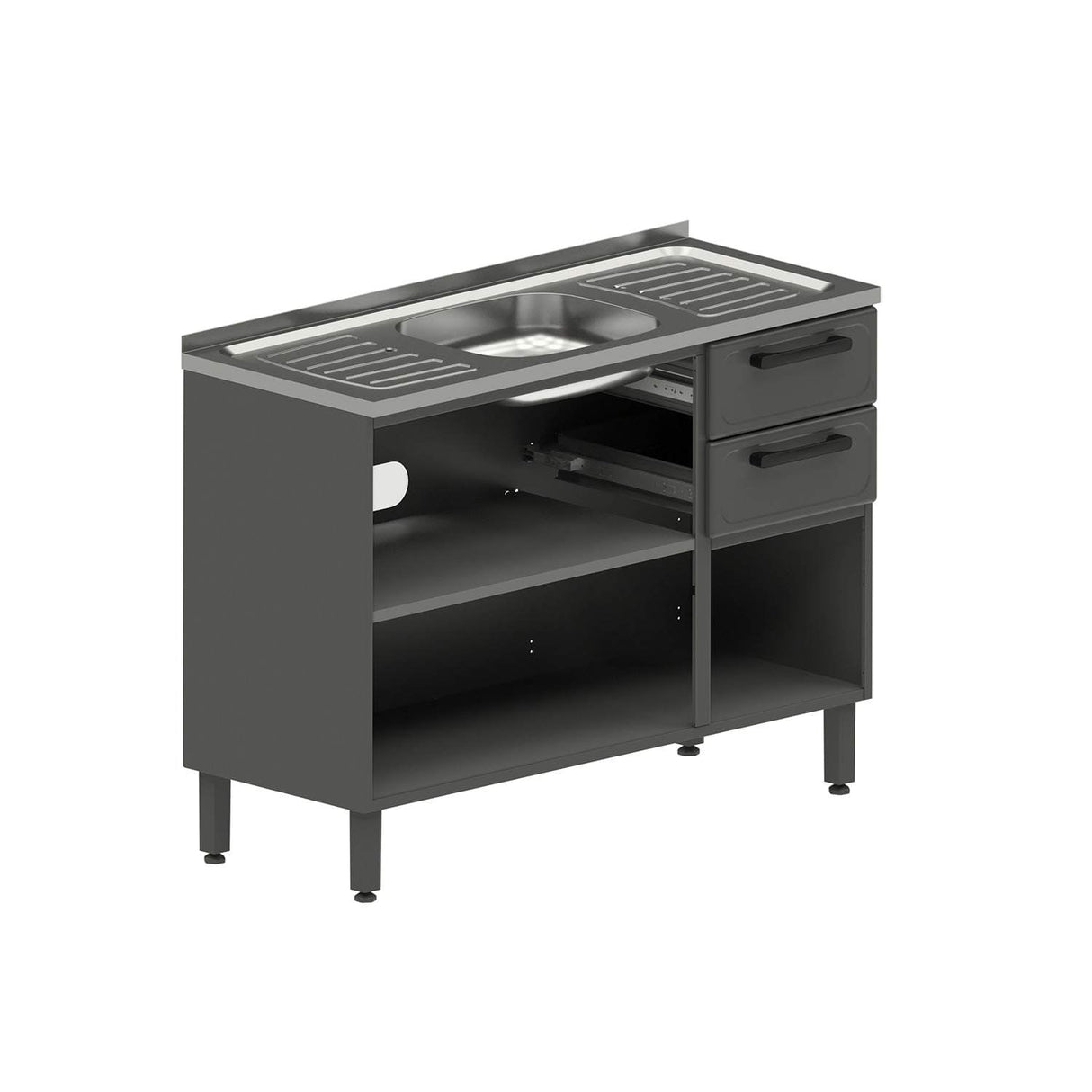 Mueble Inferior Baqui con Lavaplatos Central, Dos Puertas y Tres Cajones Gris 120 cm - Muebles Inferiores | Bylmo