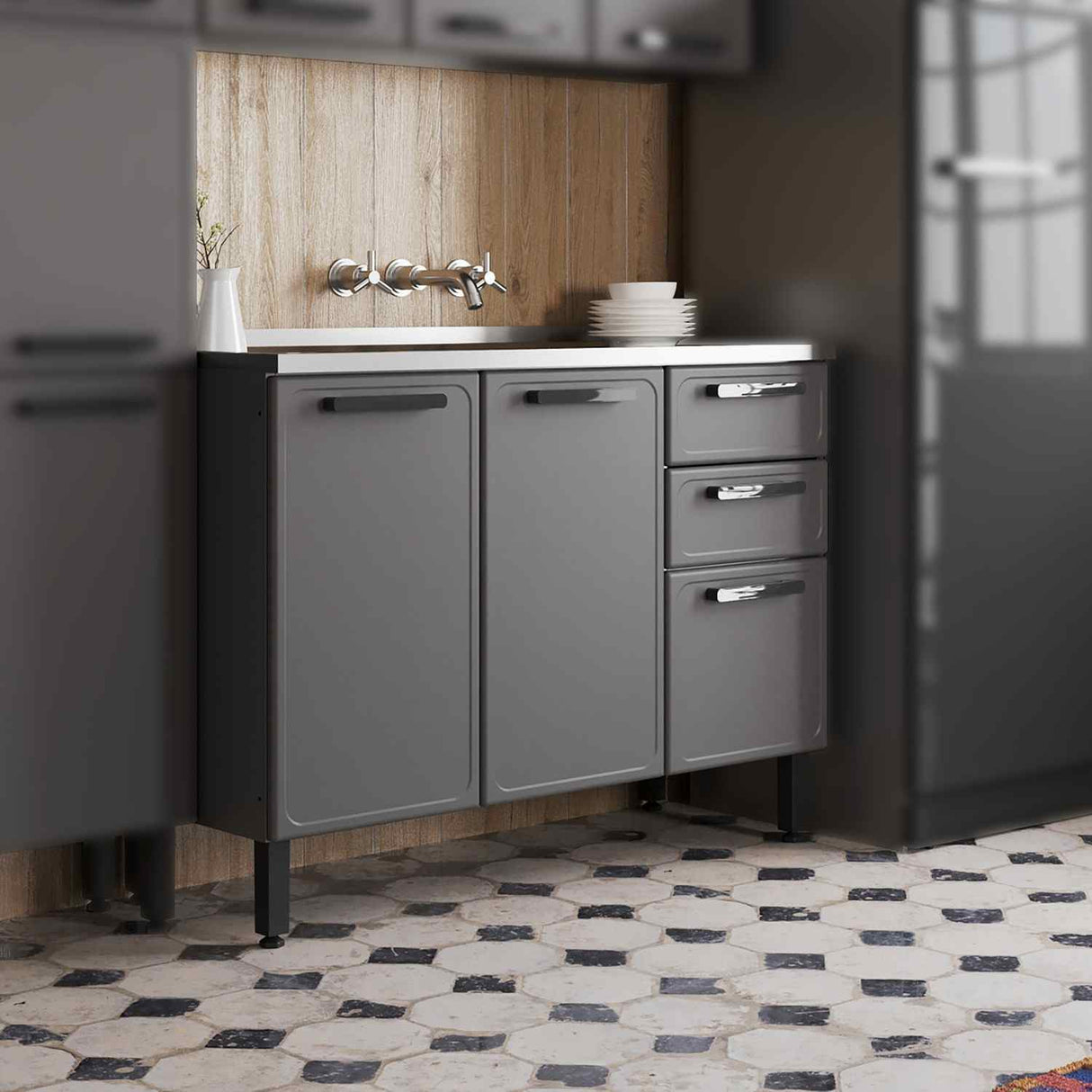 Mueble Inferior Baqui con Lavaplatos Central, Dos Puertas y Tres Cajones Gris 120 cm - Muebles Inferiores | Bylmo