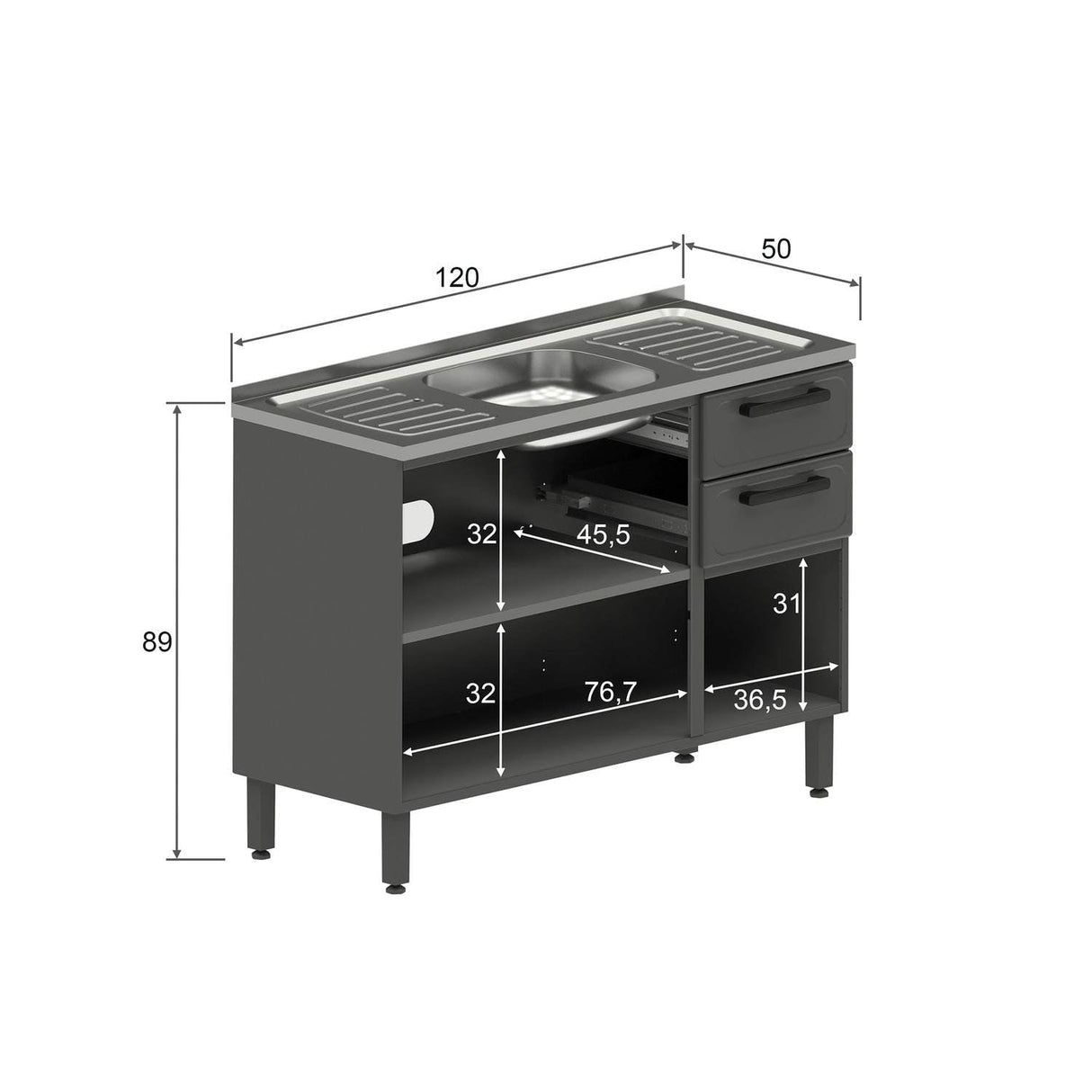 Mueble Inferior Baqui con Lavaplatos Central, Dos Puertas y Tres Cajones Gris 120 cm - Muebles Inferiores | Bylmo