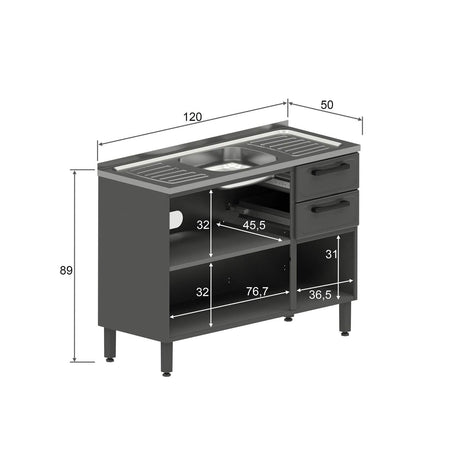 Mueble Inferior Baqui con Lavaplatos Central, Dos Puertas y Tres Cajones Gris 120 cm - Muebles Inferiores | Bylmo