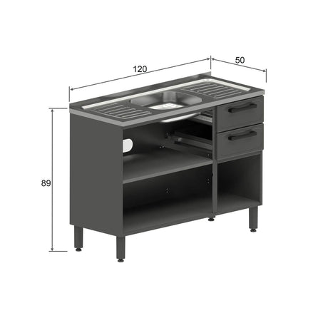 Mueble Inferior Baqui con Lavaplatos Central, Dos Puertas y Tres Cajones Gris 120 cm - Muebles Inferiores | Bylmo