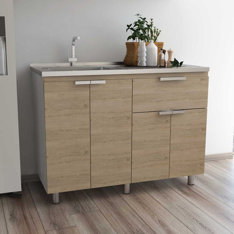 Mueble Inferior Fendi Rovere 120x88cm con Mesón de Acero Inoxidable y con Pozuelo Para Izquierdo O Derecho - Cocinas | Bylmo