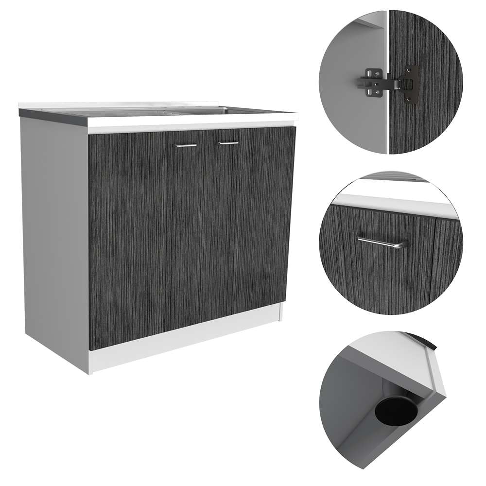 Mueble Inferior Napoles Blanco Nevado y Roble Gris 100x90cm con Mesón de Acero Inoxidable y con Pozuelo Lado Derecho - Cocinas | Bylmo